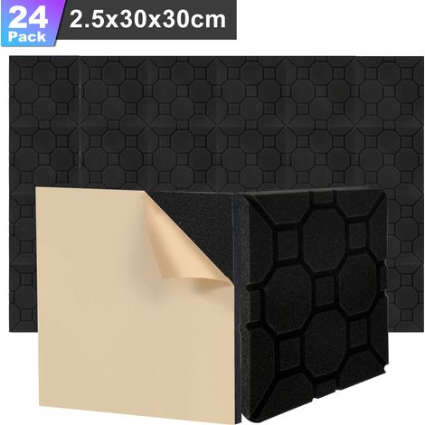 Wolketon 24 pcs Panneaux acoustiques adhésifs, Profil cubique 30 x 30 x 2.5 cm, panneaux d'insonorisation pour une isolation acoustique efficace noir (1/5)