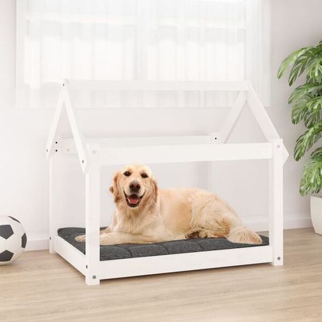 Panier pour chien blanc, dimensions 81x60x70 cm, en bois de pin massif.