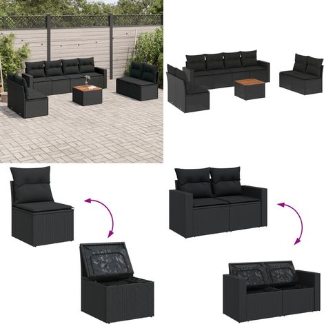 9-tlg. Garten-Sofagarnitur mit Kissen Schwarz Poly Rattan - Gartenmöbel - Outdoor Möbel - Rattan Gartenset - PE-Rattan - Lounge Set - Home & Living (1/5)