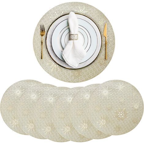 Sets de Table Ronds de Noël, 6 Pièces Sets Table Flocons de Neige Napperon Rond Antidérapant, PVC Set de Table Lavable pour Décoration de Tables (Doré) (1/5)