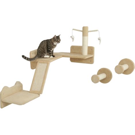Katzenspielwand mit Kratzbaum, Plattformen und Bällen, ideal zum Klettern und Ausruhen, beige