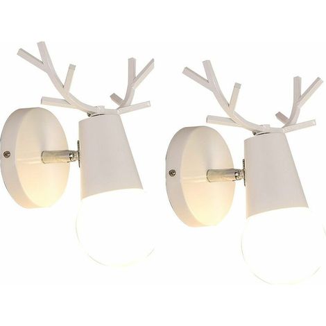 JKWG 2Pcs Créatif Applique Murale Moderne Simple Lampe de Mur Fer E27 Base Tête de Cerf Nordique Style Art Déco pour Chambre, Salon, Chambre d'enfants, Restaurant, Couloir, Escaliers - Blanc (1/5)