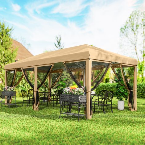 Faltbarer Pop-up-Pavillon 6 x 3 m mit abnehmbaren Moskitonetzen + Tragetasche, Beige/Schwarz