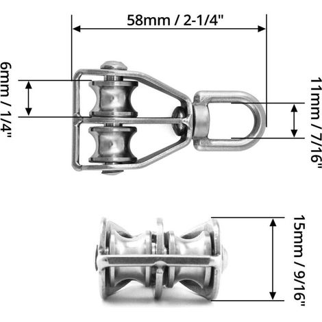 2PCS M15 Bloc de Poulie Double en Acier Inoxydable 304 Pivotant Double Poulie de Levage NPTERBL (1/4)