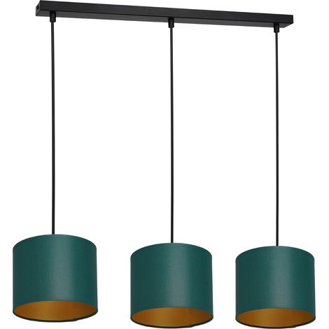 Suspension barre noire 3 abat-jour verts E27 doré Arden