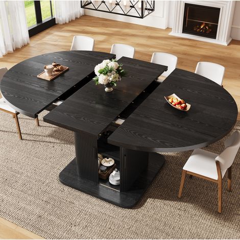 Table de salle à manger ovale extensible 110-149,8 cm avec rangement, portes coulissantes, MDF et métal - noir (1/5)