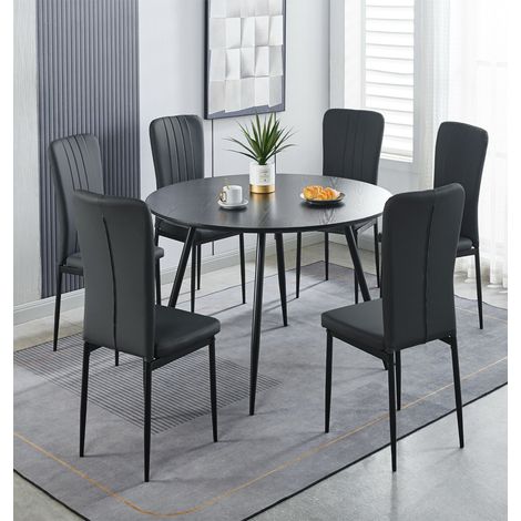 Hallowood Furniture Cullompton Black Round Dining Table and Chairs Set 6, 1.2m Kitchen Table and Chairs with Black Faux Leather High Back Seats, Modern Dining Room Sets for Home or Cafés (1/5)