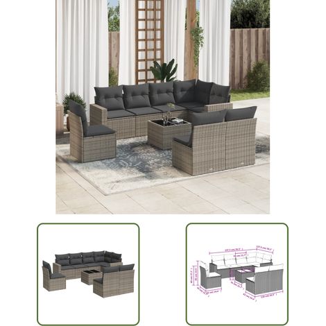The Living Store 9-tlg. Garten-Sofagarnitur mit Kissen Grau Poly Rattan - Gartenmöbel - Gartensofas - Outdoor Möbel - Lounge Set - Rattan Gartenset