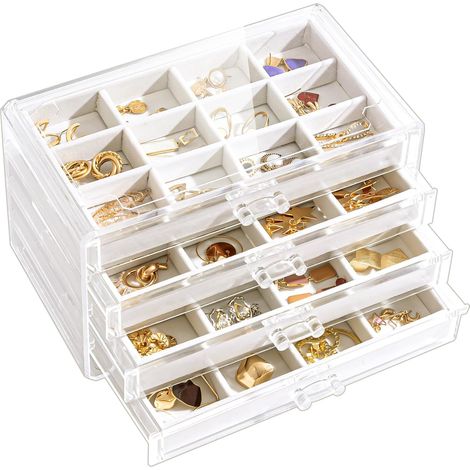 Boîte de rangement pour boucles d'oreilles et bijoux avec 4 tiroirs, étui à boucles d'oreilles empilable en acrylique transparent avec plateaux en velours réglables
