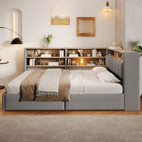 Lit banquette 140 x 200 cm, lit coffre avec rangement hydraulique, prise électrique, USB, éclairage LED, côtés de rangement modulables, velours gris (1/5)