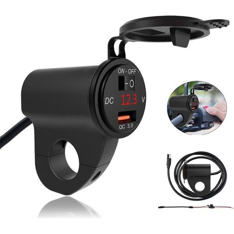 Cargador USB para teléfono móvil de motocicleta, cargador de coche impermeable de 12 V, con voltímetro e interruptor independiente, compatible con manillares de motocicleta con un diámetro de 2,2 cm. (1/5)
