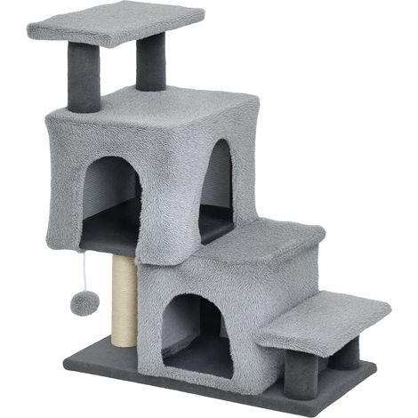 Scaletta per Gatti a 4 Gradini 60x34x77cm con 2 Casette e Tiragraffi Grigio