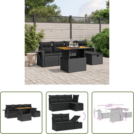 Table de jardin -  Salon de jardin 6 pcs avec coussins noir résine tressée (1/5)