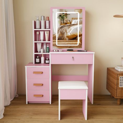 Tocador LED 85x36x130 cm – Mesa de maquillaje rosa con espejo, 4 cajones, 3 colores de luz y taburete incluido, tocador con espejo para dormitorio (1/5)