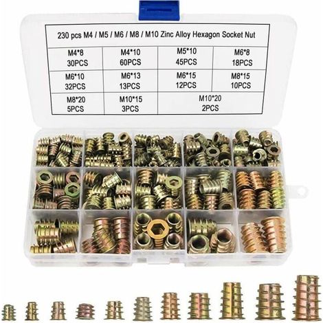 230 Pcs Écrous Hexagonaux M4 M5 M6 M8 M10 avec Inserts Filetés, Alliage de Zinc Insert Fileté Hexagonale Écrous Inserts, pour Meubles en Bois, avec Boîte en Plastique-- (1/5)