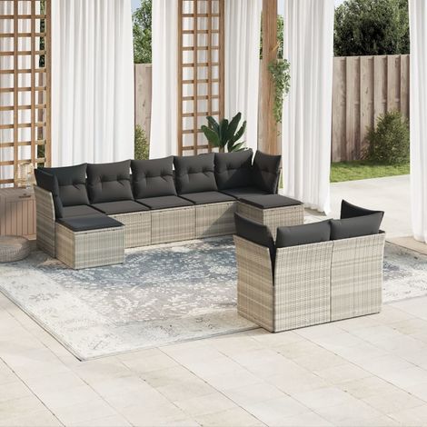 Set muebles jardín 9 pzas y cojines ratán sintético gris claro vidaXL (1/3)