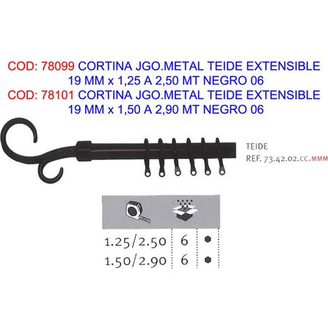 Teide Spielvorhang aus Metall, ausziehbar, 19 mm x 1,50 bis 2,90 m, Schwarz 06