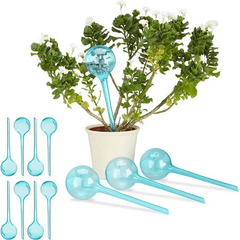 Set of 12 Relaxdays Watering Globes, Regulated Irrigation, 2 Weeks, Pot Plants, Plastic Sphere, Bulb, Light-blue