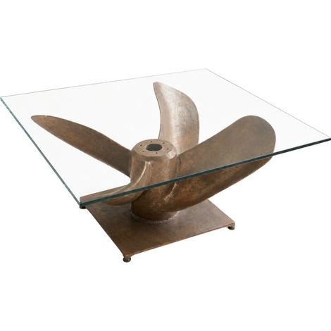 Tavolino basso ALUMIA quadrato 85 cm in vetro temperato e alluminio finitura rame – design industriale con piede a elica (1/5)