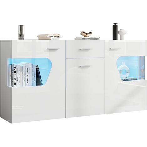 Aparador con 3 Puertas, 1 Cajón y Compartimentos de Cristal LED, Blanco Brillante, para Salón, MDF, 140 x 33 x 70 cm (1/5)