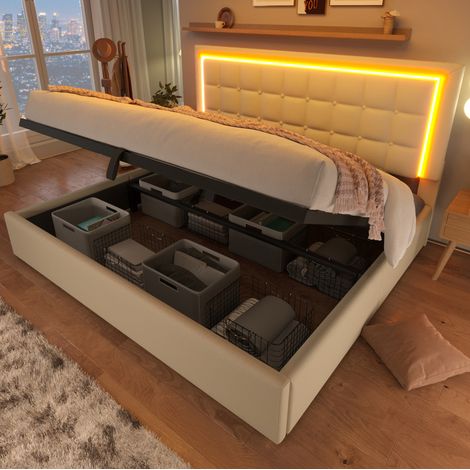 Lit coffre 160x200 LED avec matelas PU blanc OKMYHOME (1/5)