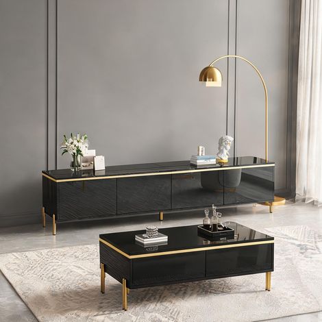 Meuble TV et table basse laqué noir avec liserés dorés (1/5)