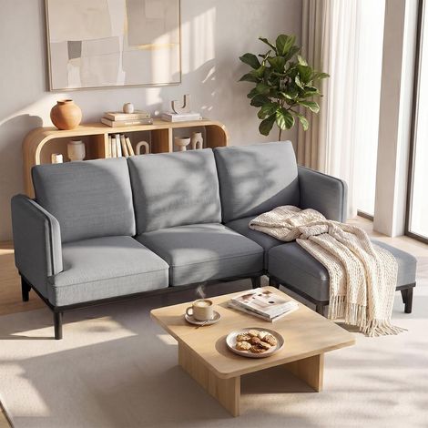 YODOLLA Ecksofa mit Schlaffunktion, modulares 3-Sitzer Sofa, Grau  Couch mit abnehmbarem Ottomane, tiefer Sitzfläche und stabilen Beinen für Wohnzimmer, Apartment und kleine Räume (1/5)