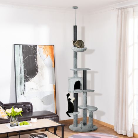 Arbre à chat avec tendeur de plafond, hamac, maisonnette, plateformes, balle de jeu, 225-255 cm, gris (1/5)