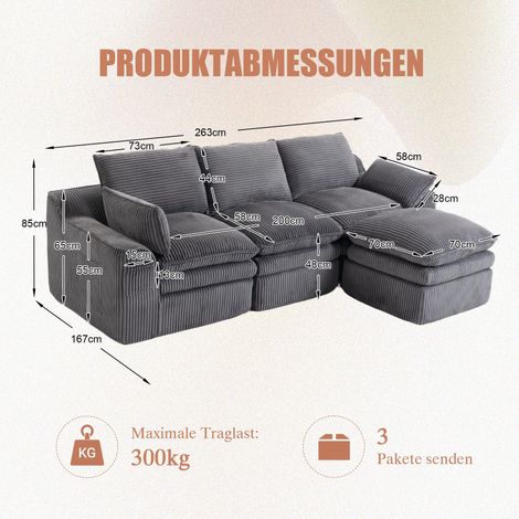 Modulares Ecksofa aus Samt in Grau 263 x 167 x 85 cm HOMAIRE (1/5)