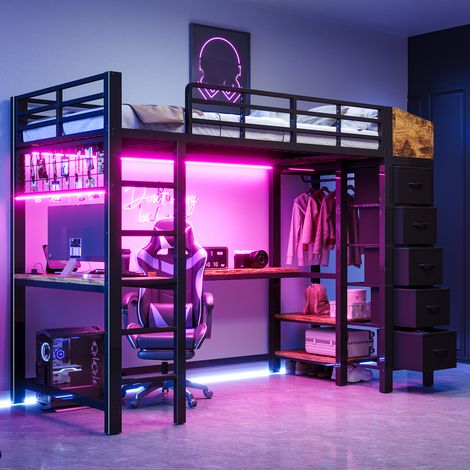 Lit superposé en métal 90×200 cm, bureau de gaming intégré avec prises électriques, ports USB et Type-C, ruban LED, 5 tiroirs en tissu, penderie, décoration en treillis, lit de jeu pour adolescents, n (1/5)