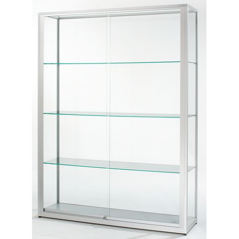 Vitrine sur pieds 2000 mm – 2 portes coulissantes en verre sécurit 4 mm – Cadre en aluminium anodisé argent – 3 tablettes réglables en verre – Certeo (1/3)
