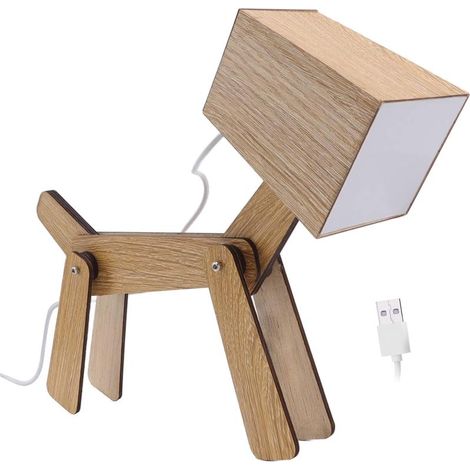 Lampe de Bureau LED Chien en Bois USB, Lampe Décorative Créative pour Chambre Enfant Salon, Éclairage Lecture Bureau Chevet (1/4)