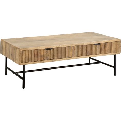 Table basse 2 tiroirs en manguier massif relief graphique vertical piètement métal laqué noir - MELKA