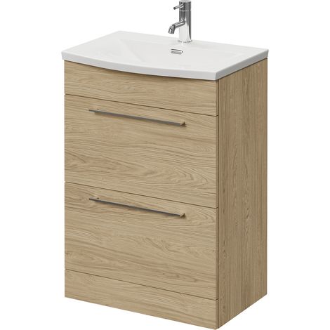 Napoli 390 Light Oak 600mm 2 Drawer Vanity Unit with Arc Basin - 600mm - Chrome 320mm Handle