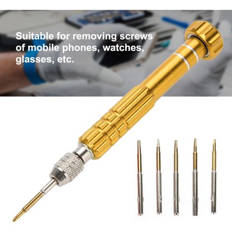 Manche de tournevis avec 5 embouts de précision, kit d'outils de réparation pour téléphones, lunettes et montres (doré) (1/5)
