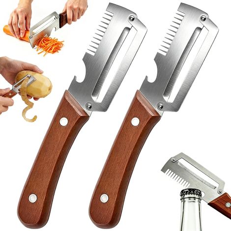Multifunktionaler 2 x 3 in 1 Gemüseschäler für die Küche, reißfester, multifunktionaler Gemüseschäler aus Holz und Edelstahl mit Flaschenöffner für Obst-, Gemüse- und Fleischscheiben (1/5)