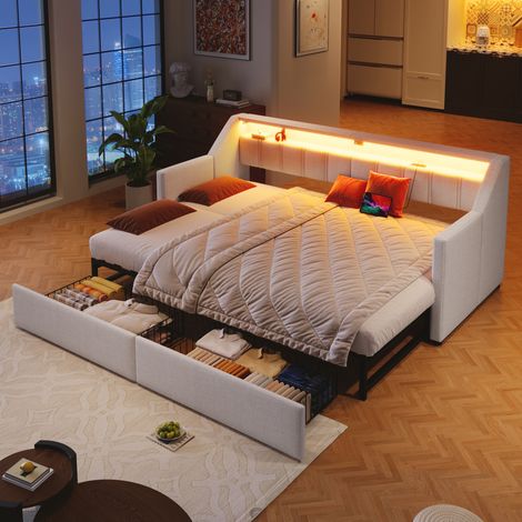 Tagesbett Leinen Beige 90x200 cm, ausziehbar auf 180x200 cm, mit USB, Type-C, LED und 2 Schubladen (1/5)