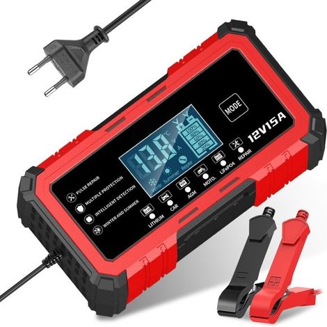 12 V 15 A RougeChargeur de batterie intelligent 12 V 15 A pour motos, voitures et batteries au plomb-acide/lithium-fer (compatible avec les batteries au plomb-acide) (1/4)