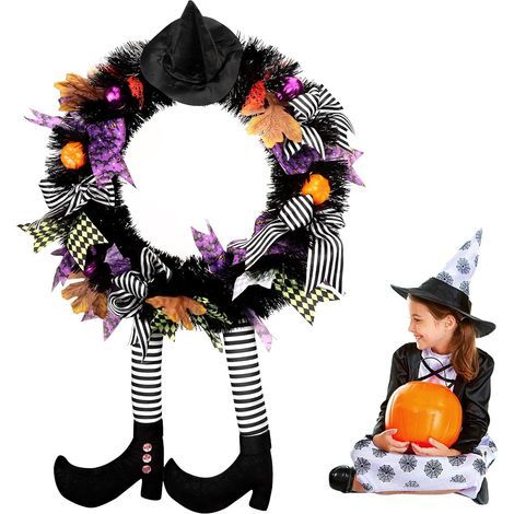 Couronne d'halloween, Couronne de Citrouille SorcièRe pour Porte d'Entrée, Decoration Halloween Exterieur, Décorations Murales Porte de Guirlande Halloween