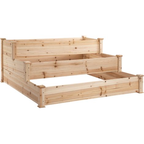 Bac à plantes surélevé 3 niveaux en bois de pin naturel 124x124x56 cm pour balcon et jardin (1/5)