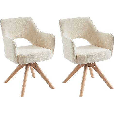 Lot de 2 chaises pivotantes avec accoudoirs en tissu et chêne - Crème - KONYA (1/4)
