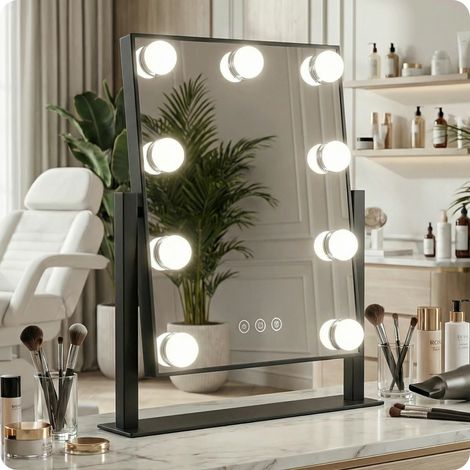 Specchio per il trucco nero stile Hollywood 30,5x30 cm con 9 luci LED colorate (1/5)