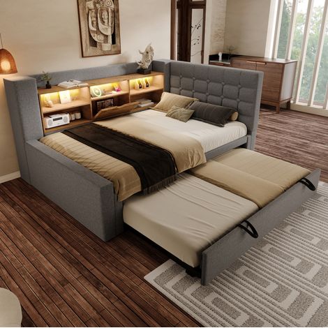 Cama juvenil con nido LED y carga USB gris OKMYHOME (1/5)