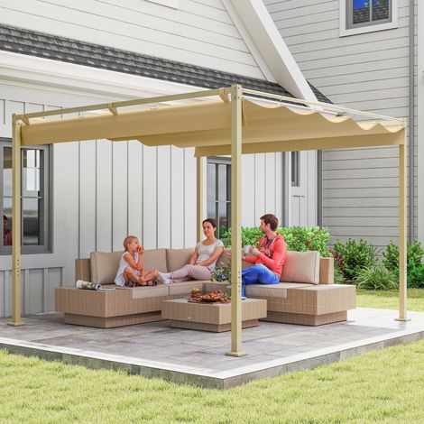 Pergola da giardino 3 x 3 m con tetto retrattile, gazebo, telo ombreggiante, UPF30+, kaki