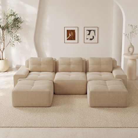 Sofá modular en U 293x177x69 cm de pana beige con otomana, sin montaje - MEUBLIV (1/5)