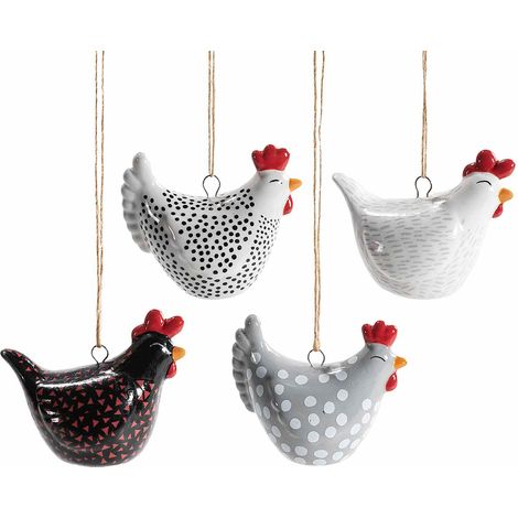 Petites poules décoratives en céramique colorée à suspendre, lot de 12, 3,5 x 6 x H. 5 cm