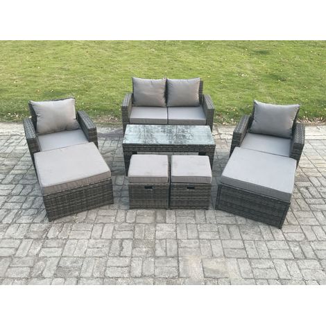 Fimous High Back Rattan Garden Furniture Sofa Sets with Rectangular Coffee Table Armchair 2 Big Footstool 2 Small Footstools Dark Grey Mixed (1/5)