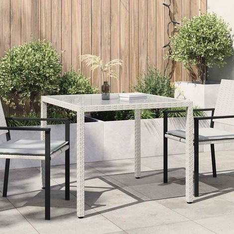 vidaXL Table de jardin 90x90x75cm Verre trempé et résine tressée Blanc (1/5)