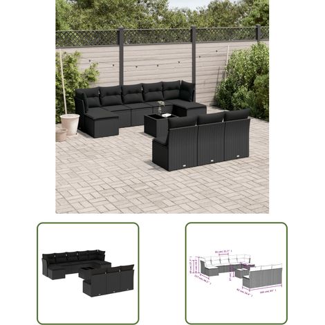 The Living Store Salon de jardin 11 pcs avec coussins noir résine tressée - Ensemble Salon De Jardin - Mobilier De Jardin - Canapé D'extérieur - Résine Tressée - Rotin Synthétique (1/3)