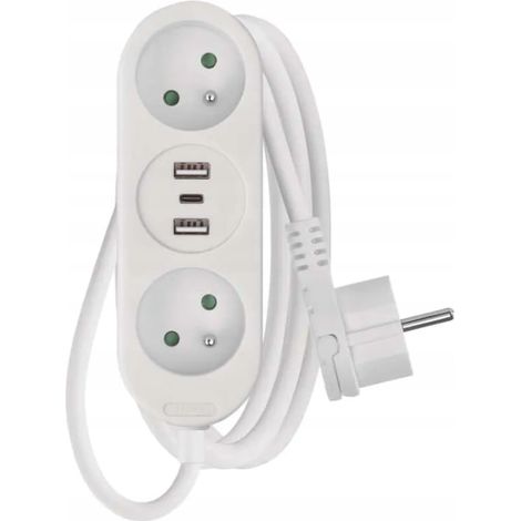 Multipresa bianca con 2 prese + 2 porte USB A + porta USB C, 2 m.